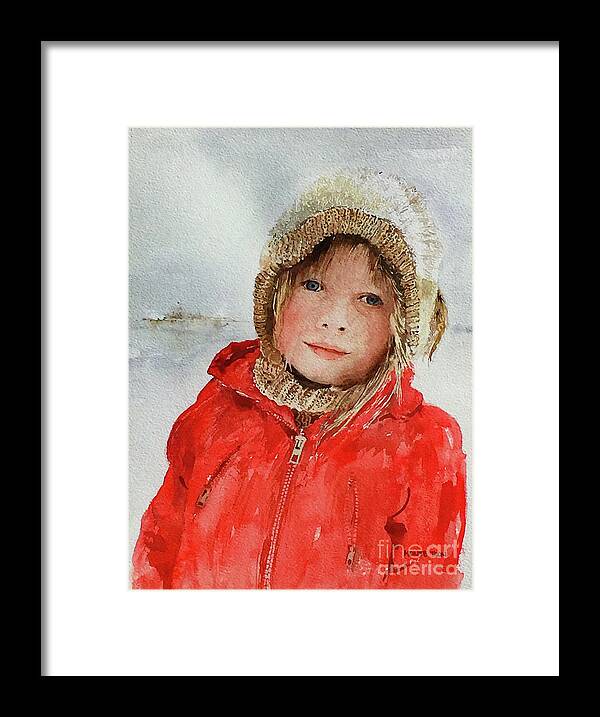 A Young Girl In A Bright Red Coat Plays In The Winter Snow. Framed Print featuring the painting Zoe In The Snow by Monte Toon
