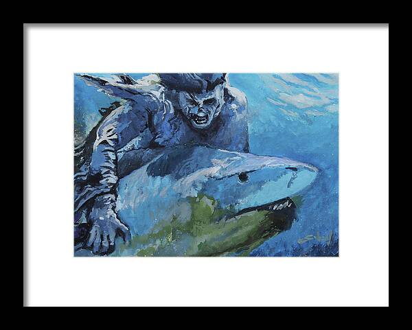 Shark Framed Print featuring the painting Zombie vs Shark by Sv Bell