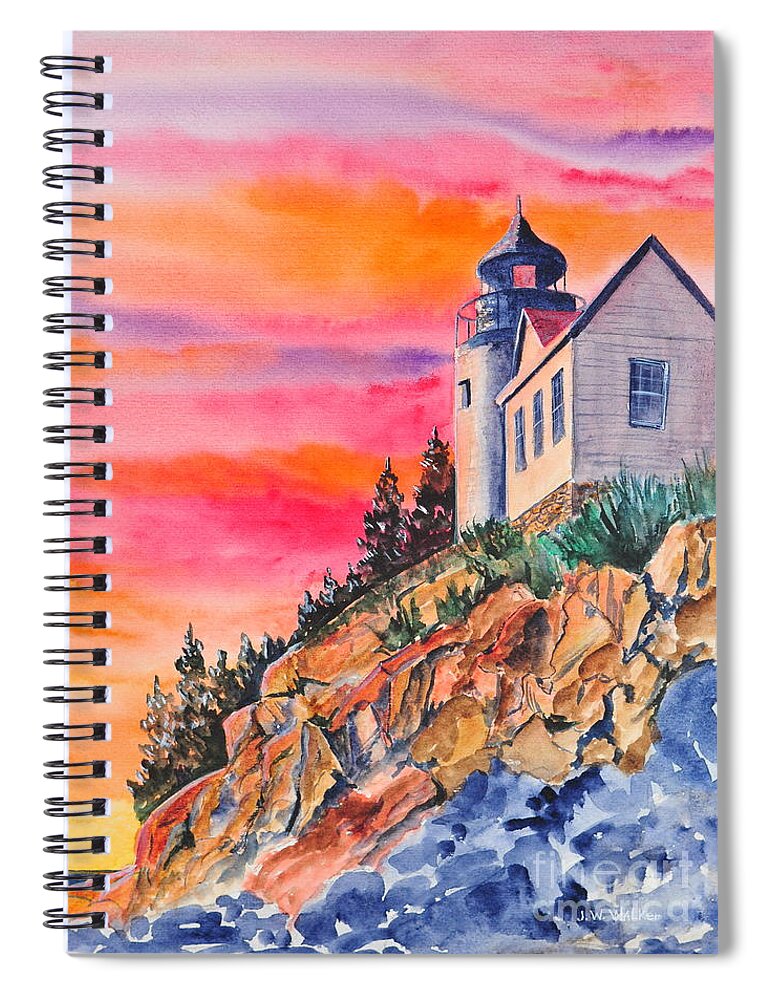 Landscape Spiral Notebook featuring the painting Bass Harbor Light Sunset by John W Walker