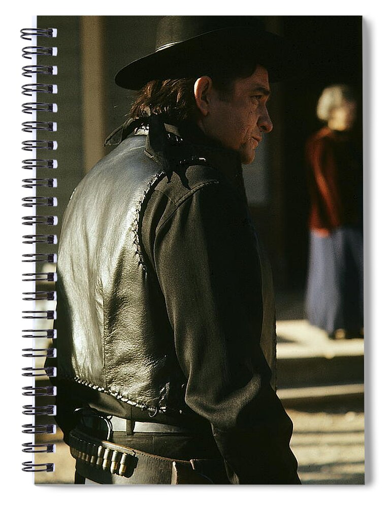 Johnny Cash Gunfight Kirk Douglas Old Tucson Az Pistol Gun Belt.western Wear A Gunfight Jicarilla Apaches New Mexico Spiral Notebook featuring the photograph Johnny Cash about to draw on Kirk Douglas Old Tucson Arizona 1971 by David Lee Guss