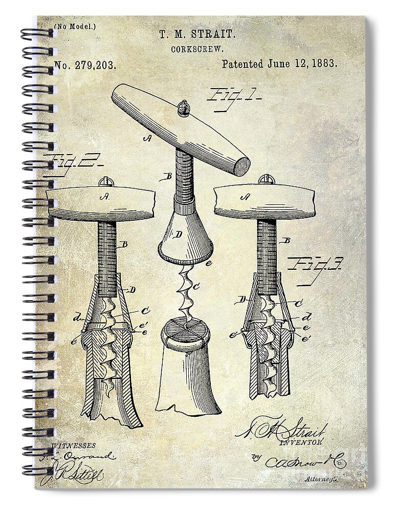 Corkscrew Spiral Notebook featuring the photograph 1883 Corkscrew Patent drawing #2 by Jon Neidert