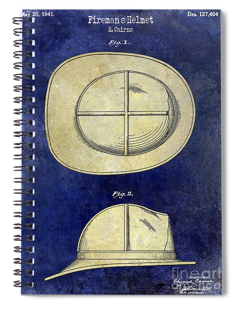 1941 Firemans Helmet Patent Drawing Spiral Notebook featuring the photograph 1941 Firemans Helmet Patent Drawing 2 Tone by Jon Neidert