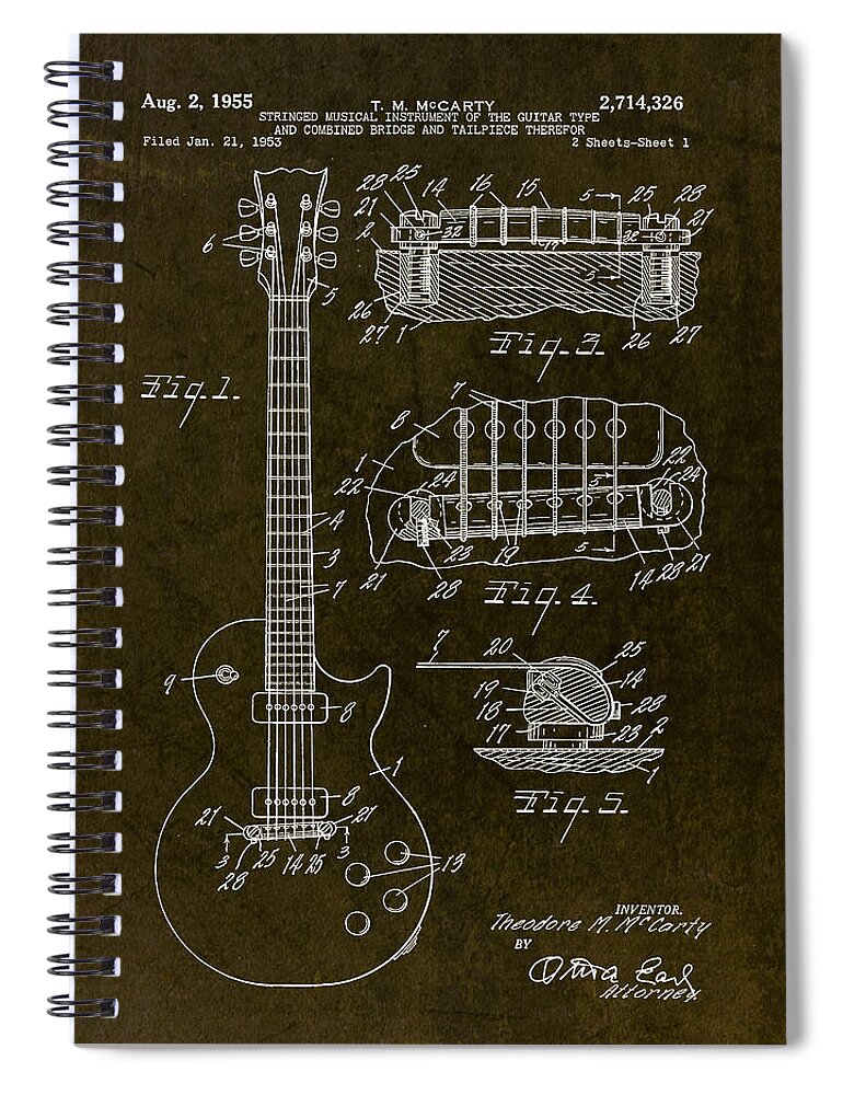Guitar Spiral Notebook featuring the drawing 1955 Gibson Les Paul Patent Drawing by Gary Bodnar