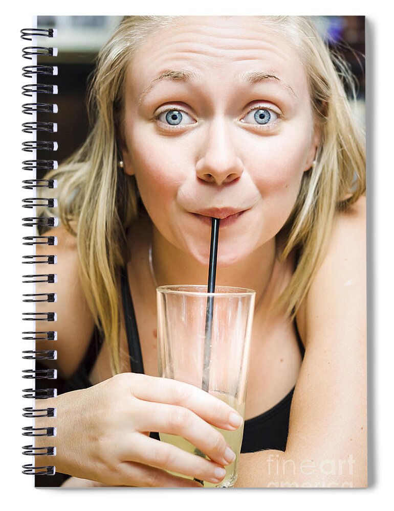 Soda Spiral Notebook featuring the photograph Beautiful blonde woman drinking soda soft drink #1 by Jorgo Photography