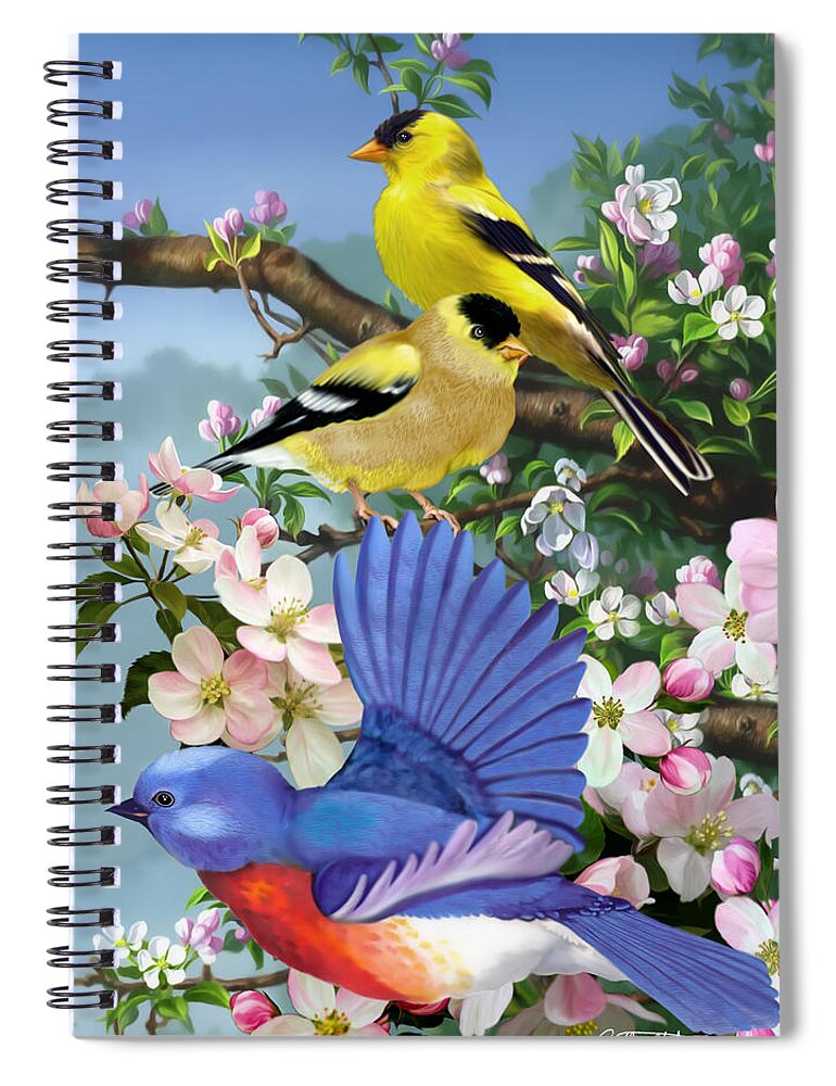 Bluebird Spiral Notebook featuring the mixed media Bluebird and Goldfinch #1 by Anthony Seeker