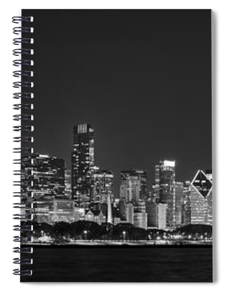 3scape Spiral Notebook featuring the photograph Chicago Skyline at Night Black and White Panoramic #1 by Adam Romanowicz