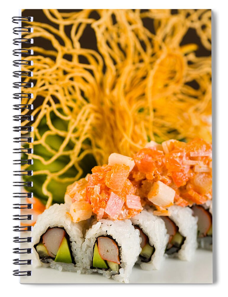 Asian Spiral Notebook featuring the photograph Crab and Salmon Roll by Raul Rodriguez