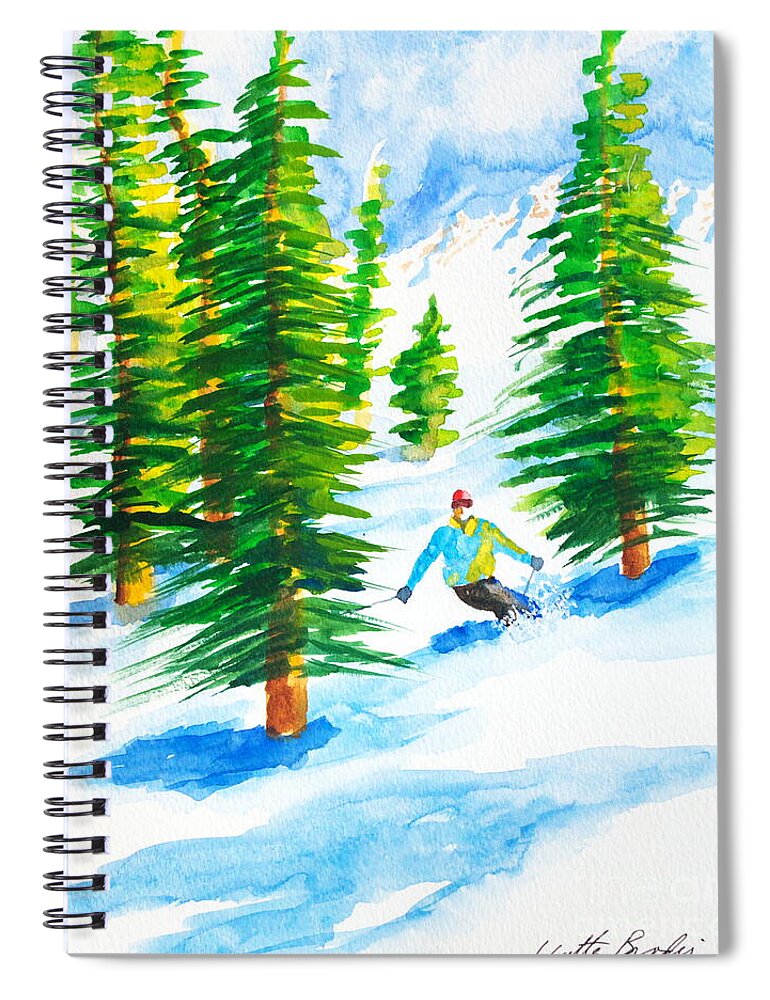 Powder Skiing Spiral Notebook featuring the painting David Skiing the Trees by Walt Brodis