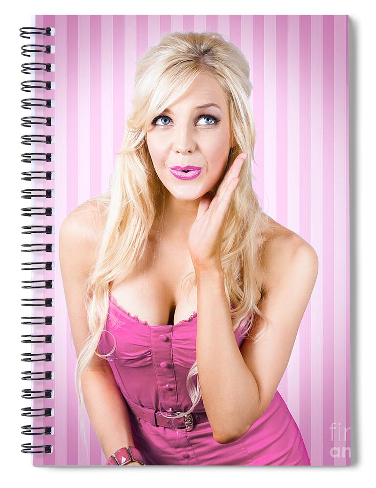 Surprised Spiral Notebook featuring the photograph Fantastic blond pinup girl with surprised look #1 by Jorgo Photography