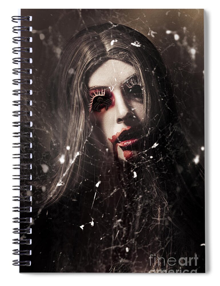 Halloween Spiral Notebook featuring the photograph Female face of dark horror. Eye of the black widow by Jorgo Photography
