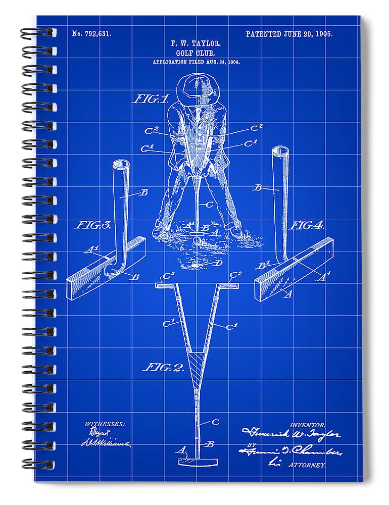 Golf Spiral Notebook featuring the digital art Golf Club Patent 1904 - Blue by Stephen Younts