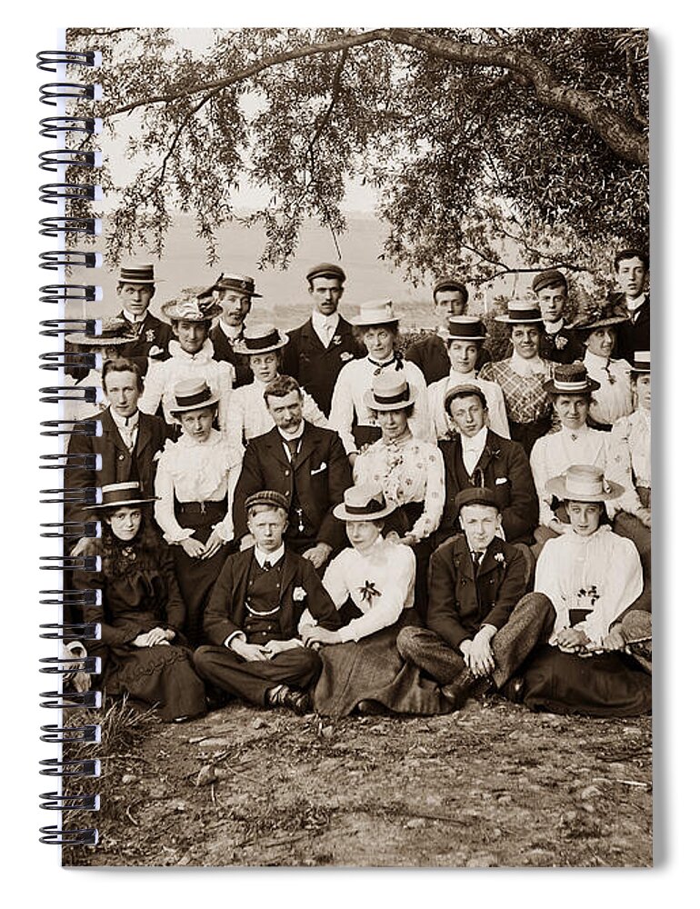 Vintage Spiral Notebook featuring the photograph Group under tree by Photographer unknown