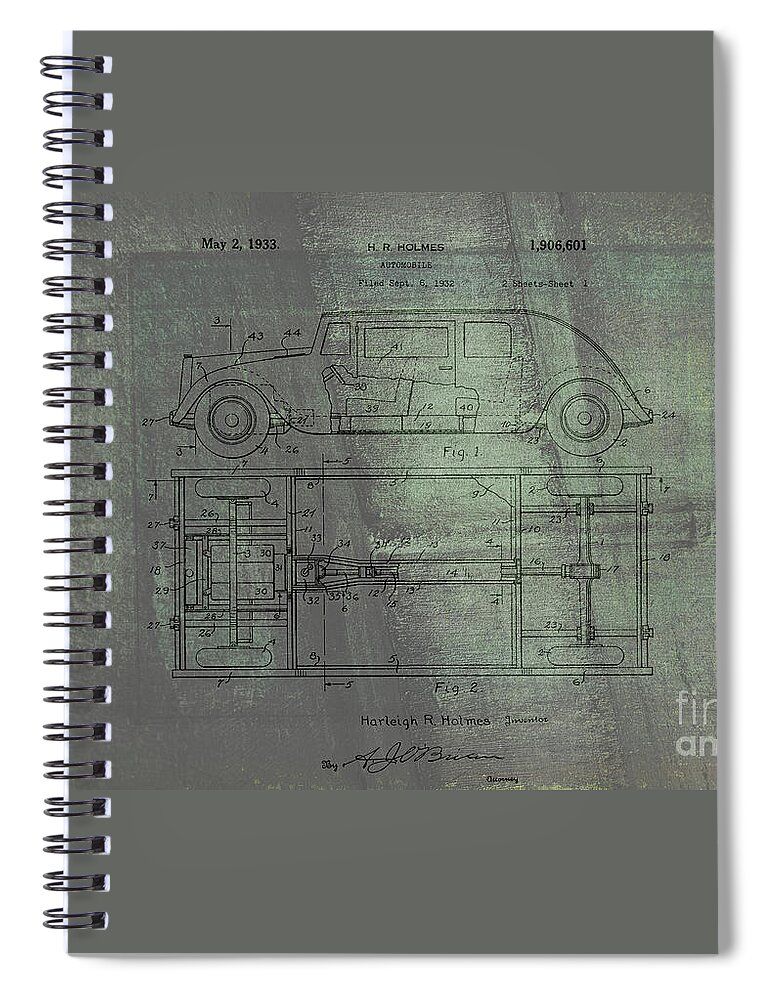 Harleigh R. Holmes Spiral Notebook featuring the drawing Harleigh Holmes Original Automobile Patent by Doc Braham
