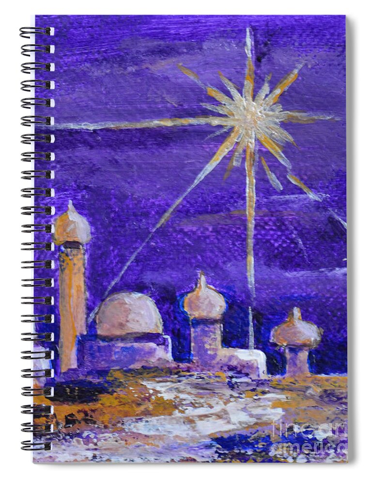 Holy City Bethlehem Ancient Town Jordan Birthplace Of Jesus Purple Bright Star Shining Star Temple Star Of East Gold Building Jerusalem Spiral Notebook featuring the painting Holy City #1 by Patricia Caldwell