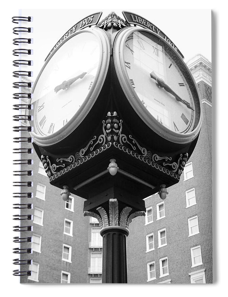 Kelly Hazel Spiral Notebook featuring the photograph Liberty Mutual Clock #1 by Kelly Hazel