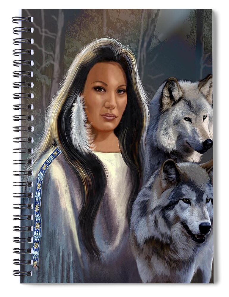 Native American Maiden With Wolves Print Spiral Notebook featuring the painting Native American Maiden with Wolves by Regina Femrite