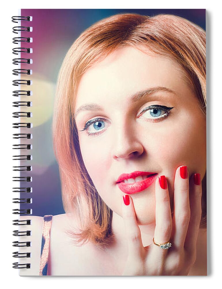 Nails Spiral Notebook featuring the photograph Night fashion photo. Beauty model in diamond ring #1 by Jorgo Photography