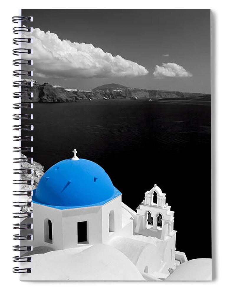 Greece Spiral Notebook featuring the photograph Oia town on Santorini island Greece Blue dome church black and white. #1 by Michal Bednarek