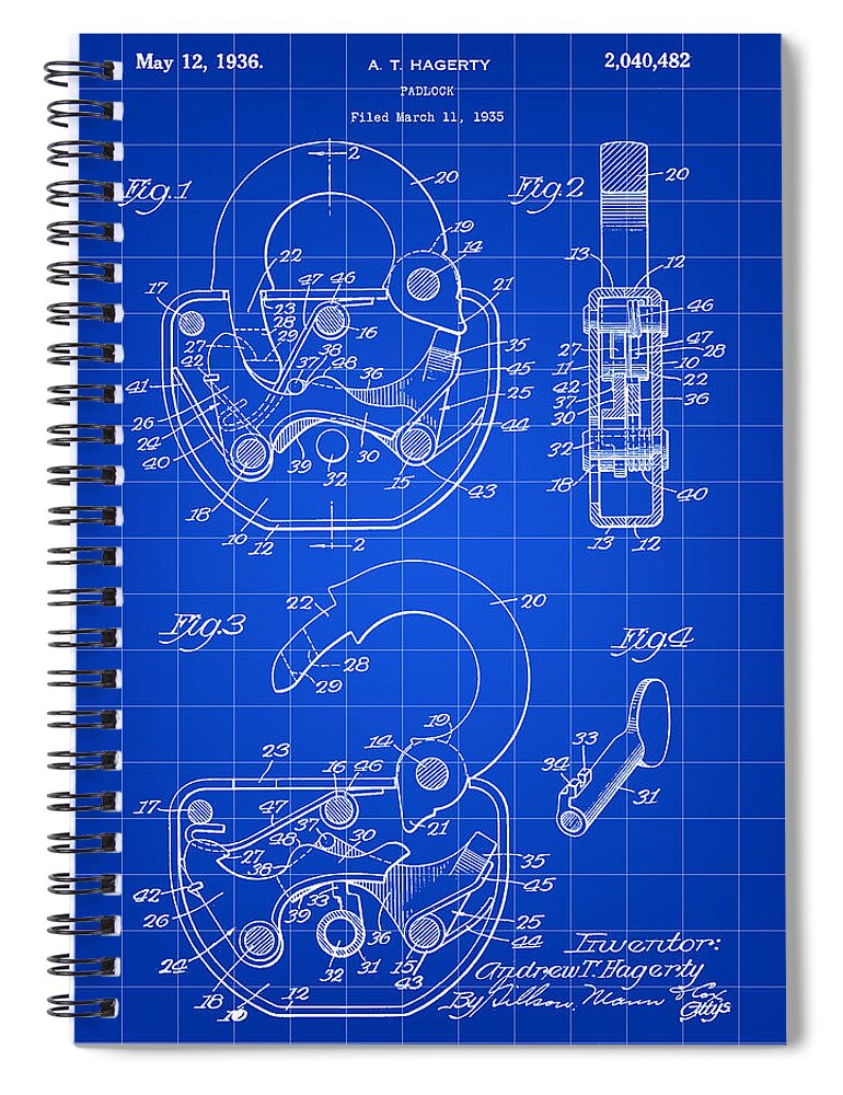 Padlock Spiral Notebook featuring the digital art Padlock Patent 1935 - Blue by Stephen Younts