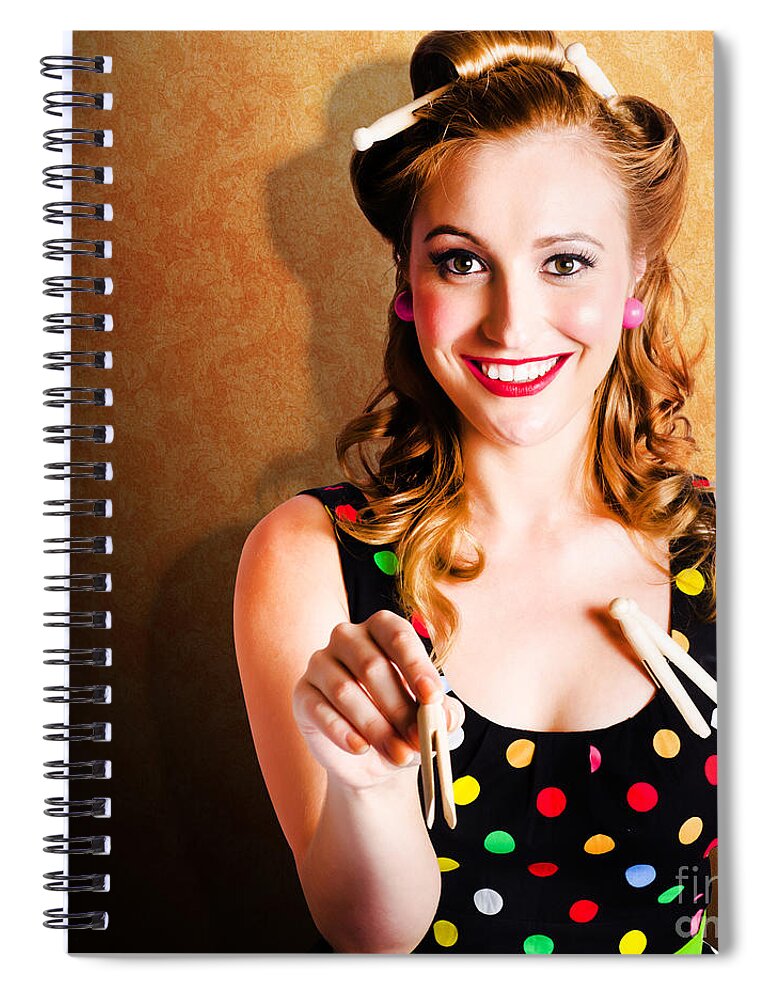 Washroom Spiral Notebook featuring the photograph Portrait Of A Happy Pin Up Cleaning Woman by Jorgo Photography