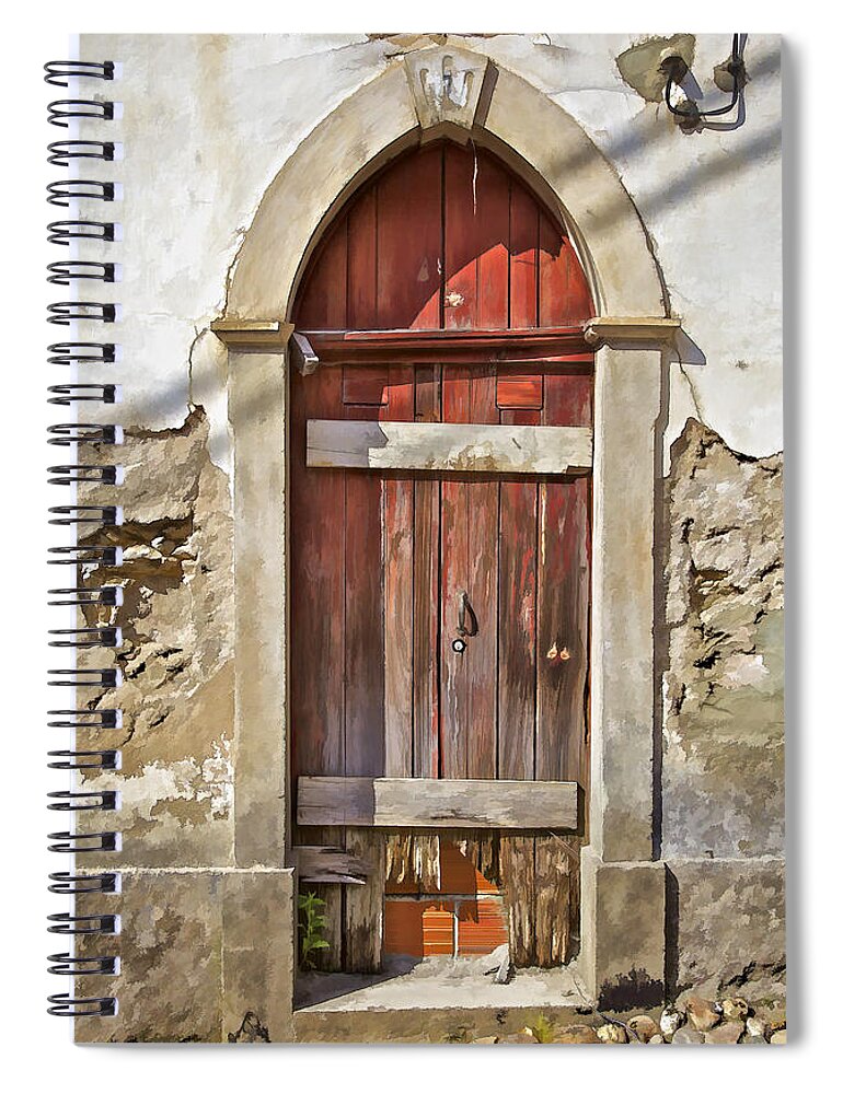 Abandon Spiral Notebook featuring the photograph Red Wood Door of the Medieval Village of Pombal by David Letts
