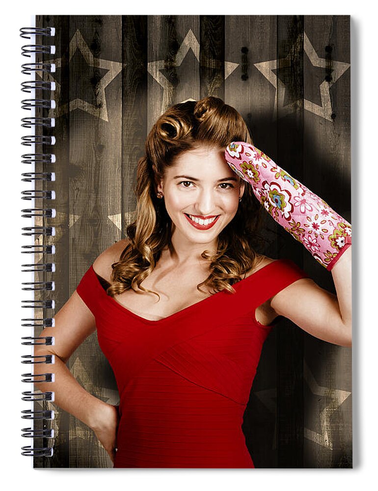 Ready Spiral Notebook featuring the photograph Retro housewife cook giving 5 star food service #1 by Jorgo Photography