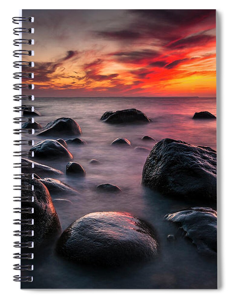 Baltic Sea Spiral Notebook featuring the photograph Rocks On A Beach At Sunset By The Sea #1 by Andreas Jakel