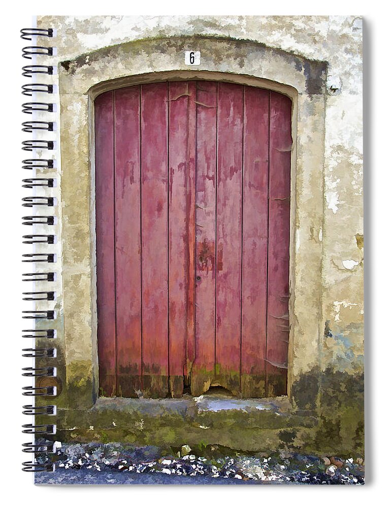Aged Spiral Notebook featuring the photograph Rustic Red Wood Door of the Medieval Village of Pombal #2 by David Letts
