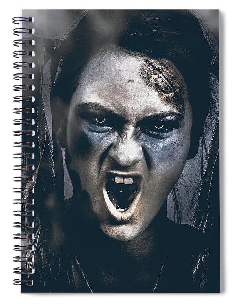 Face Spiral Notebook featuring the photograph Spooky portrait of dead school girl giving finger #1 by Jorgo Photography