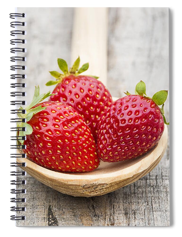 Berry Spiral Notebook featuring the photograph Strawberries in a wooden spoon #1 by Paulo Goncalves
