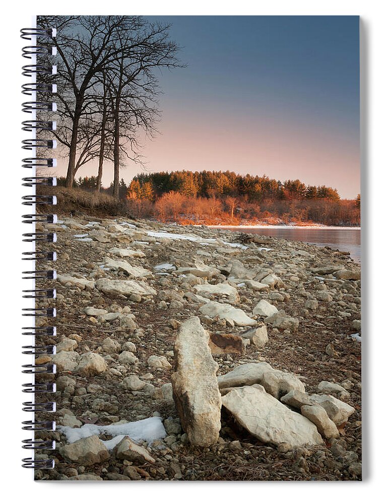 Orange Color Spiral Notebook featuring the photograph Sunset Over Rocky Lake Shore #1 by Creative improv