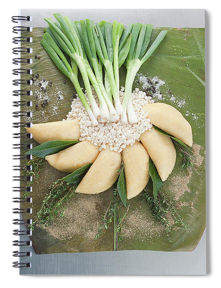 Cheese Spiral Notebook featuring the photograph Vegetables And Grains On Wrapper #1 by Laurie Castelli