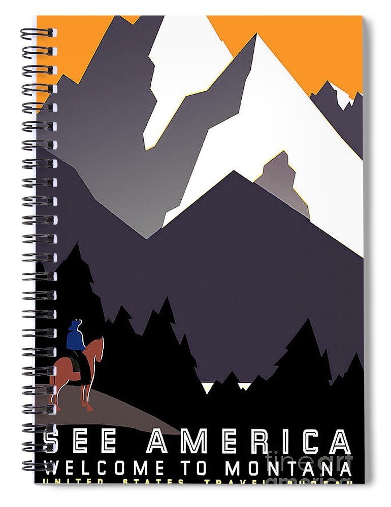 Vintage See America Travel Poster Spiral Notebook featuring the drawing Vintage Montana Travel Poster #1 by Jon Neidert