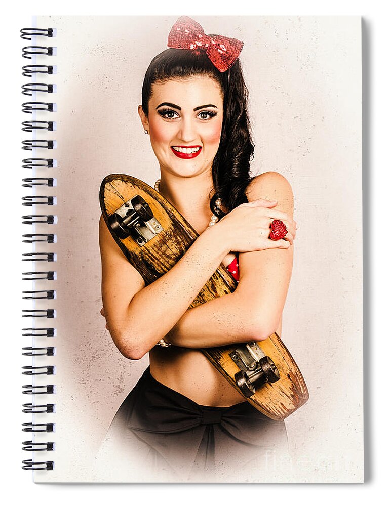 Vintage Spiral Notebook featuring the photograph Vintage portrait of a pin-up model with skateboard #1 by Jorgo Photography