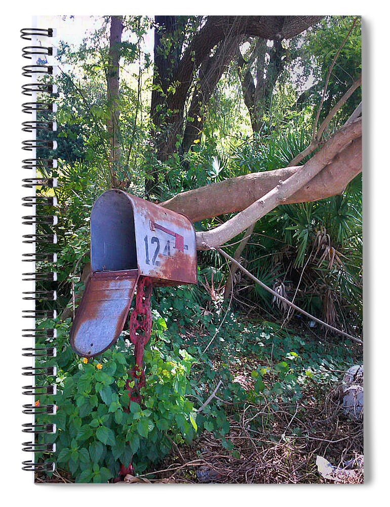 Steve Sperry Mighty Sight Studio Photo Art Mailbox Chain Rustic Natural Decaying Objects Spiral Notebook featuring the photograph 124 Nowhere by Steve Sperry