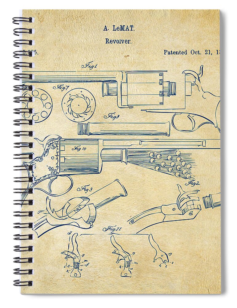 Lemat Spiral Notebook featuring the digital art 1856 LeMat Revolver Patent Artwork Vintage by Nikki Marie Smith