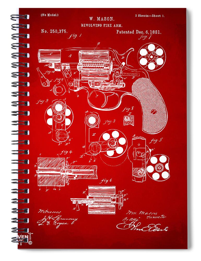 Gun Spiral Notebook featuring the digital art 1881 Colt Revolving Fire Arm Patent Artwork Red by Nikki Marie Smith