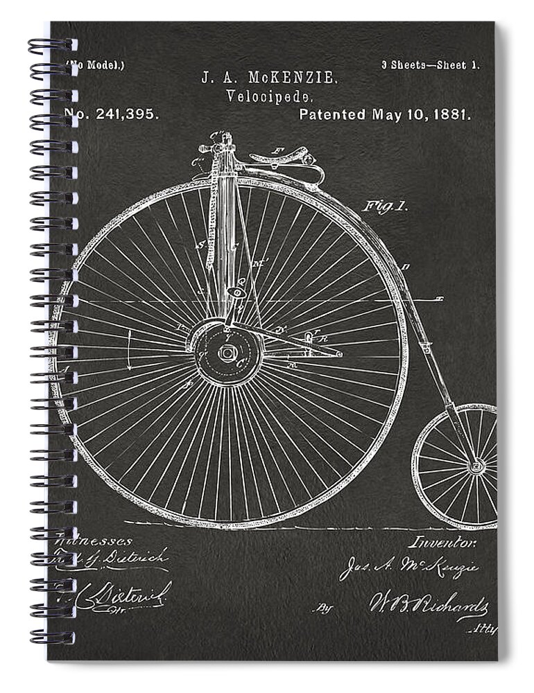 Velocipede Spiral Notebook featuring the digital art 1881 Velocipede Bicycle Patent Artwork - Gray by Nikki Marie Smith