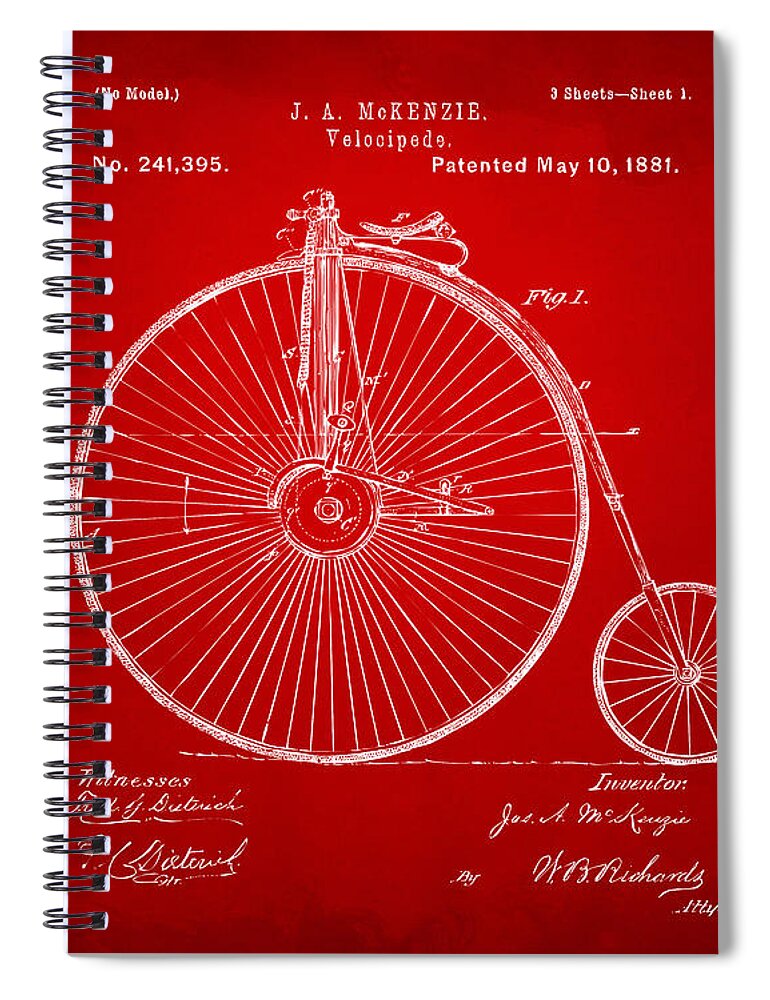 Velocipede Spiral Notebook featuring the digital art 1881 Velocipede Bicycle Patent Artwork - Red by Nikki Marie Smith