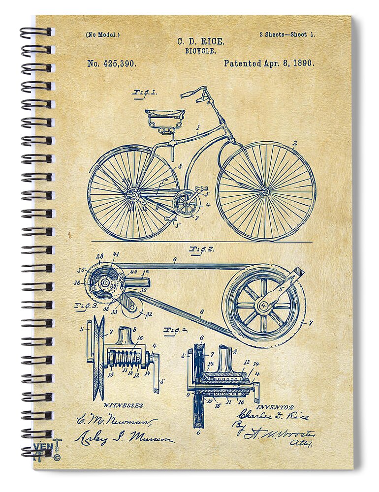Velocipede Spiral Notebook featuring the digital art 1890 Bicycle Patent Artwork - Vintage by Nikki Marie Smith
