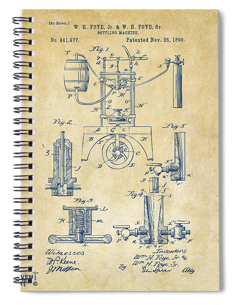 Bottling Machine Spiral Notebook featuring the digital art 1890 Bottling Machine Patent Artwork Vintage by Nikki Marie Smith
