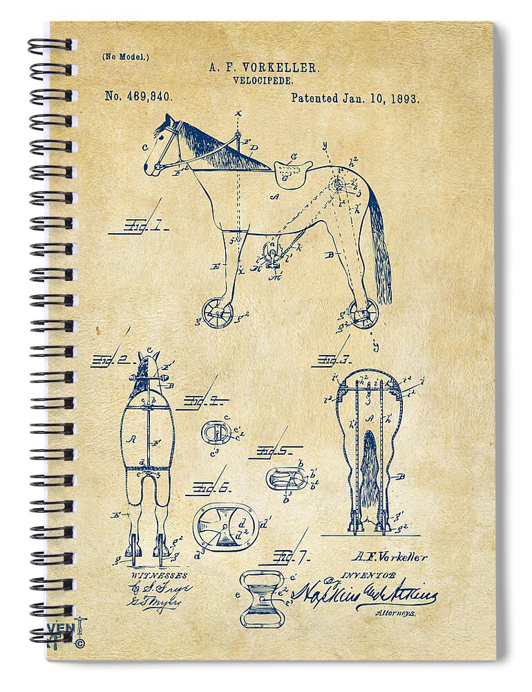 Bicycle Spiral Notebook featuring the digital art 1893 Velocipede Horse-Bike Patent Artwork Vintage by Nikki Marie Smith