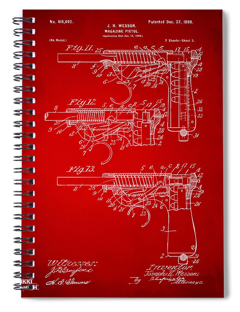 Wesson Pistol Spiral Notebook featuring the drawing 1898 Wesson Magazine Pistol Patent Artwork 2 - Red by Nikki Marie Smith