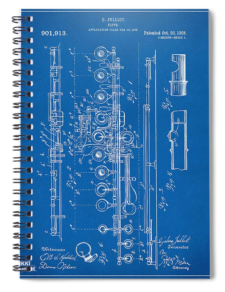 Flute Spiral Notebook featuring the digital art 1908 Flute Patent - Blueprint by Nikki Marie Smith