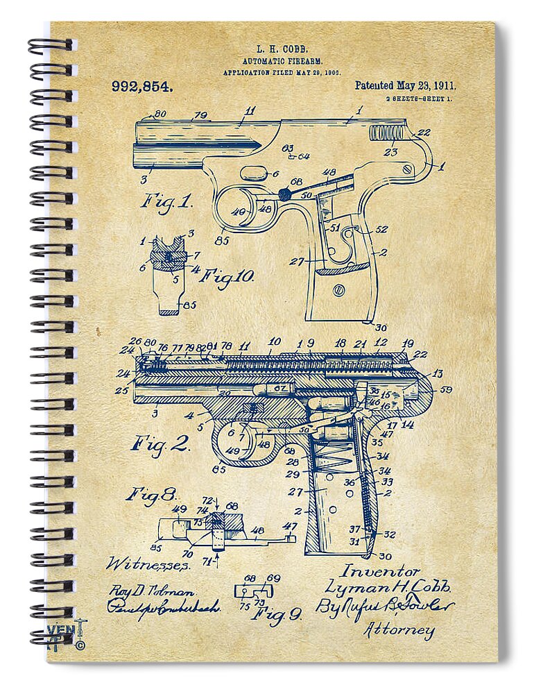 Police Gun Spiral Notebook featuring the photograph 1911 Automatic Firearm Patent Artwork - Vintage by Nikki Marie Smith