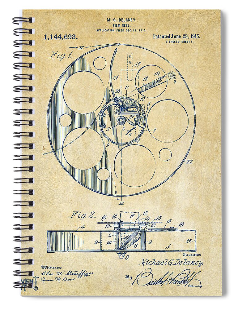 Movie Spiral Notebook featuring the digital art 1915 Movie Film Reel Patent Vintage by Nikki Marie Smith