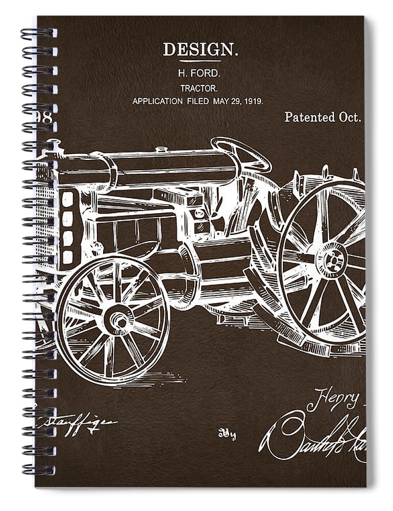 Henry Ford Spiral Notebook featuring the digital art 1919 Henry Ford Tractor Patent Espresso by Nikki Marie Smith