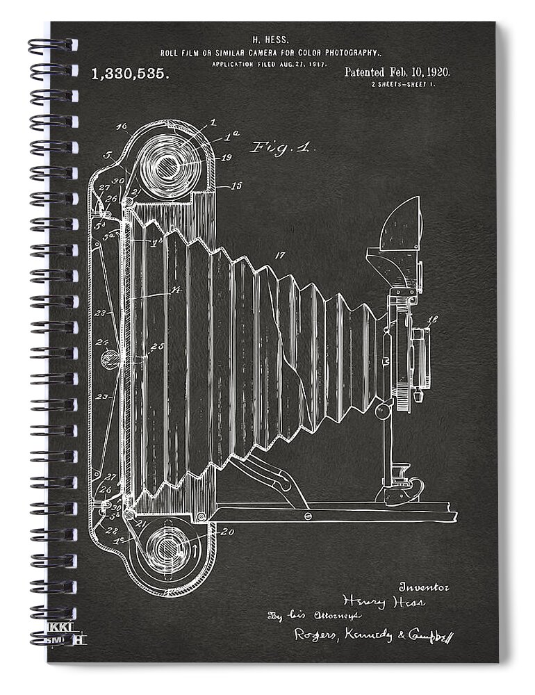Camera Spiral Notebook featuring the digital art 1920 Hess Camera Patent Artwork - Gray by Nikki Marie Smith