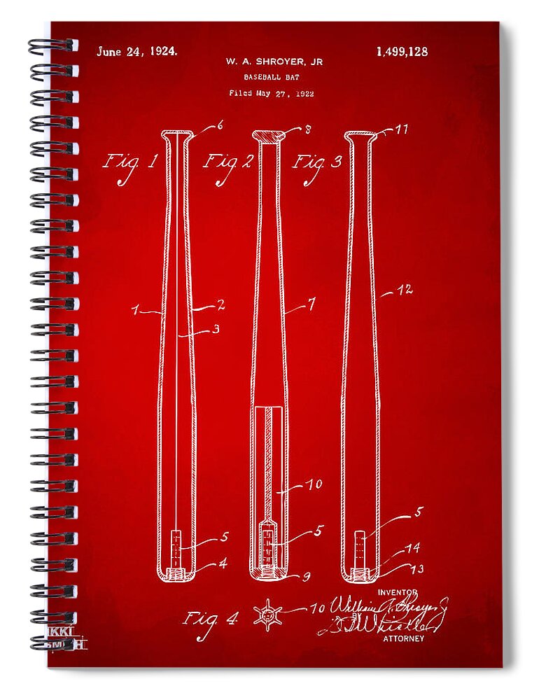 Baseball Bat Spiral Notebook featuring the digital art 1924 Baseball Bat Patent Artwork - Red by Nikki Marie Smith