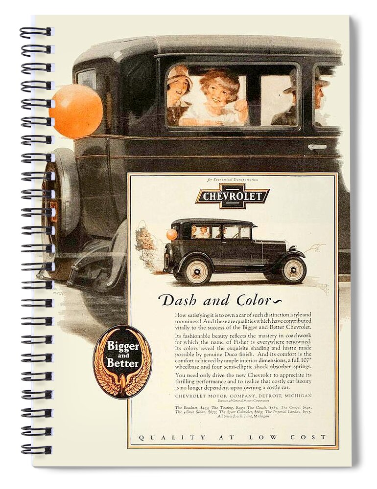 1928 Spiral Notebook featuring the digital art 1928 - Chevrolet Coupe Automobile Advertisement - Color by John Madison